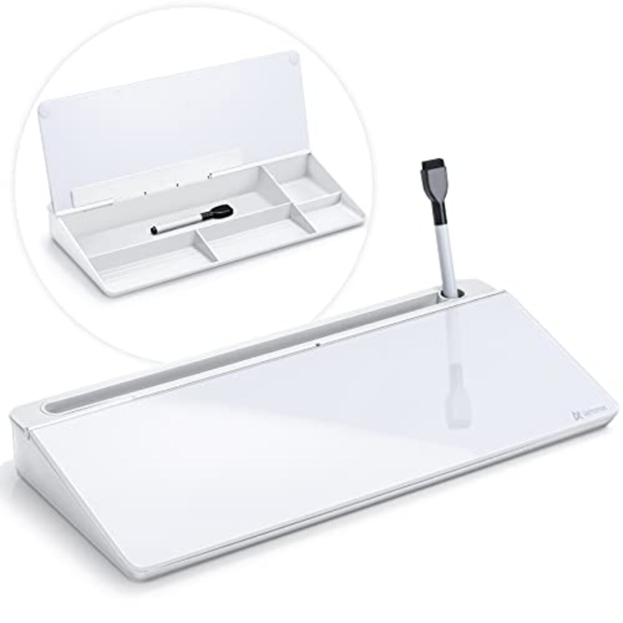 Desk Whiteboard Dry Erase Glass Whiteboard, Varhomax Desktop White Board with Storage to-do List Memo Notepad Desktop Buddy Keyboard Stand for Home Office and School Accessories Supplies (White)